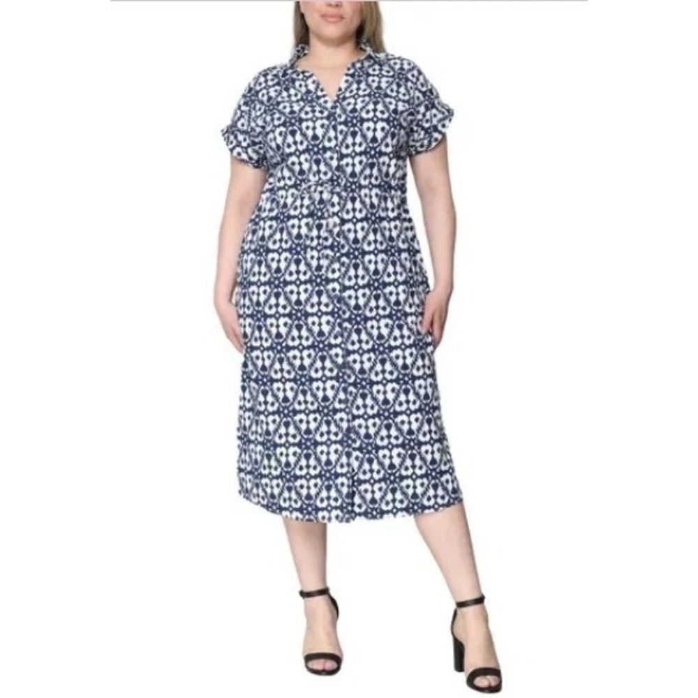 Jewel Badgley Mischka Blue White Ikat Button Front Midi Dress Small NWOT